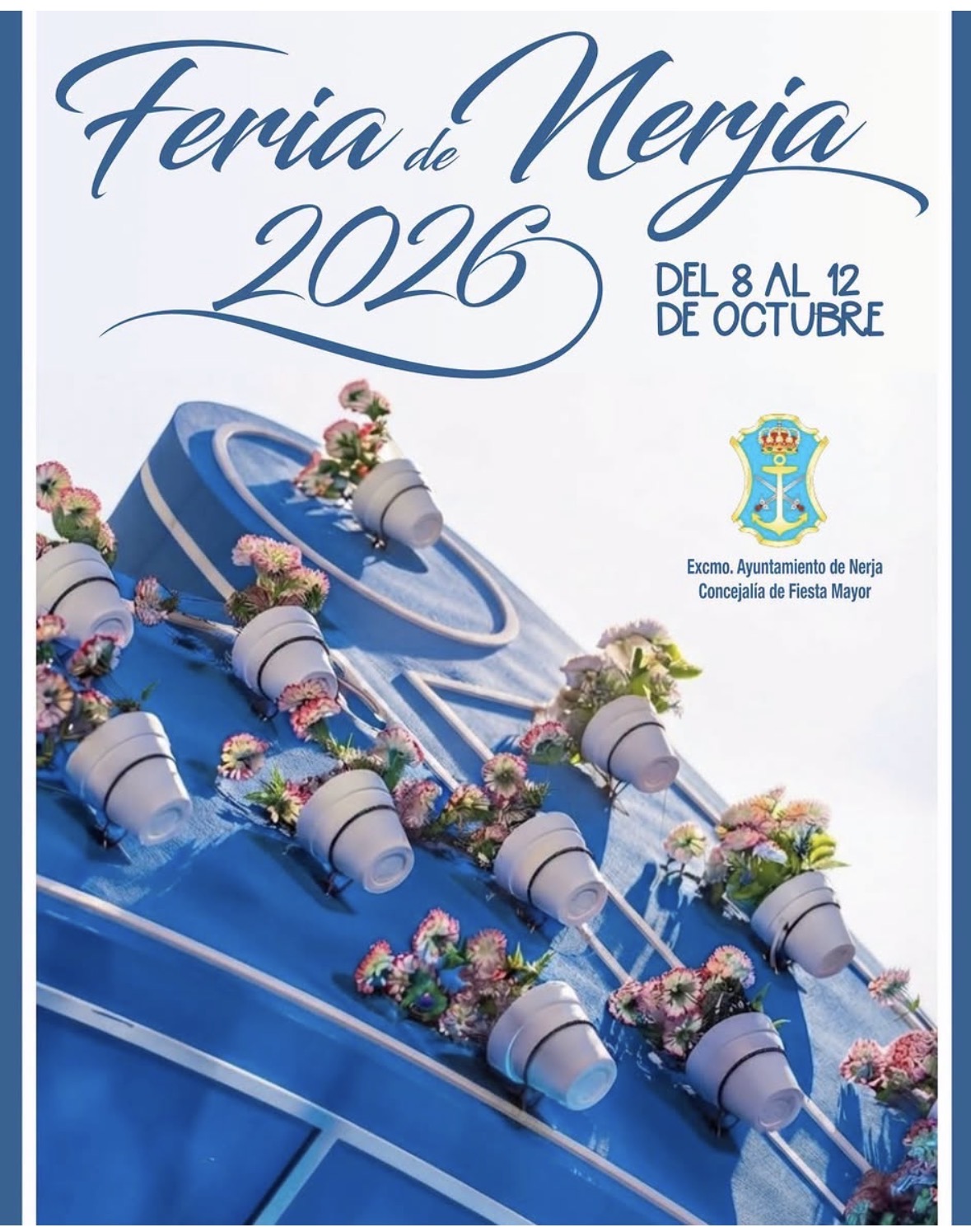 Affisch för Feria de Nerja 2026 med blå balkong och blomkrukor, 8-12 oktober i Nerja